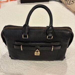 Tory Burch Black Leather Handbag with Gold Zipper